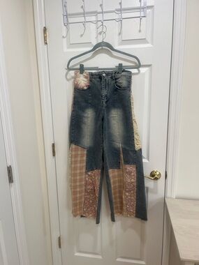 Patchwork Wide-Leg Jeans in Distressed Black with Pink & Cream Panels